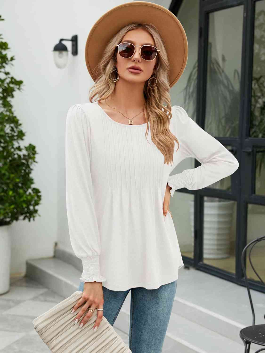 Smocked Round Neck Lantern Sleeve Blouse - AllIn Computer