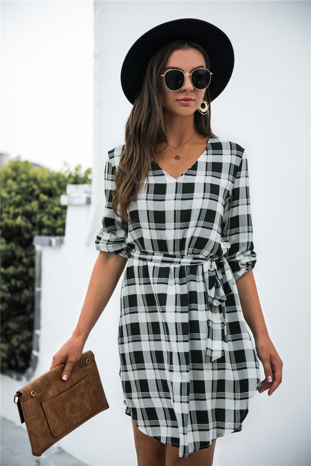 Plaid V-Neck Tie Waist Dress - AllIn Computer