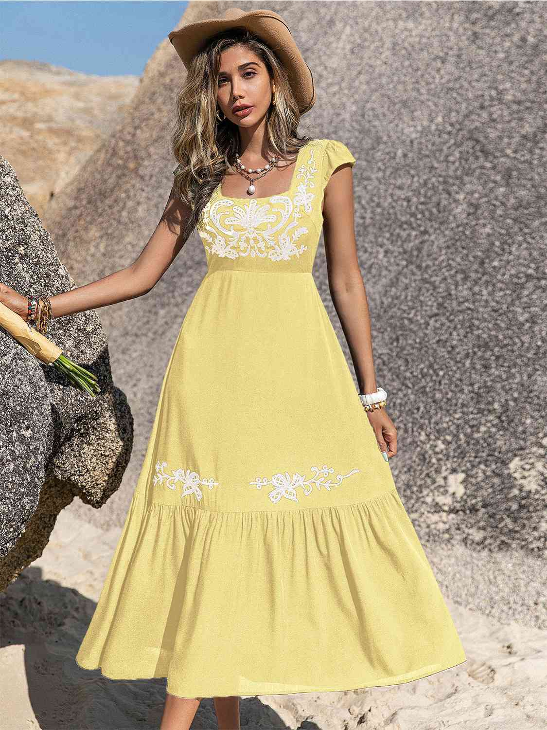 Embroidered Square Neck Ruffle Hem Dress - AllIn Computer
