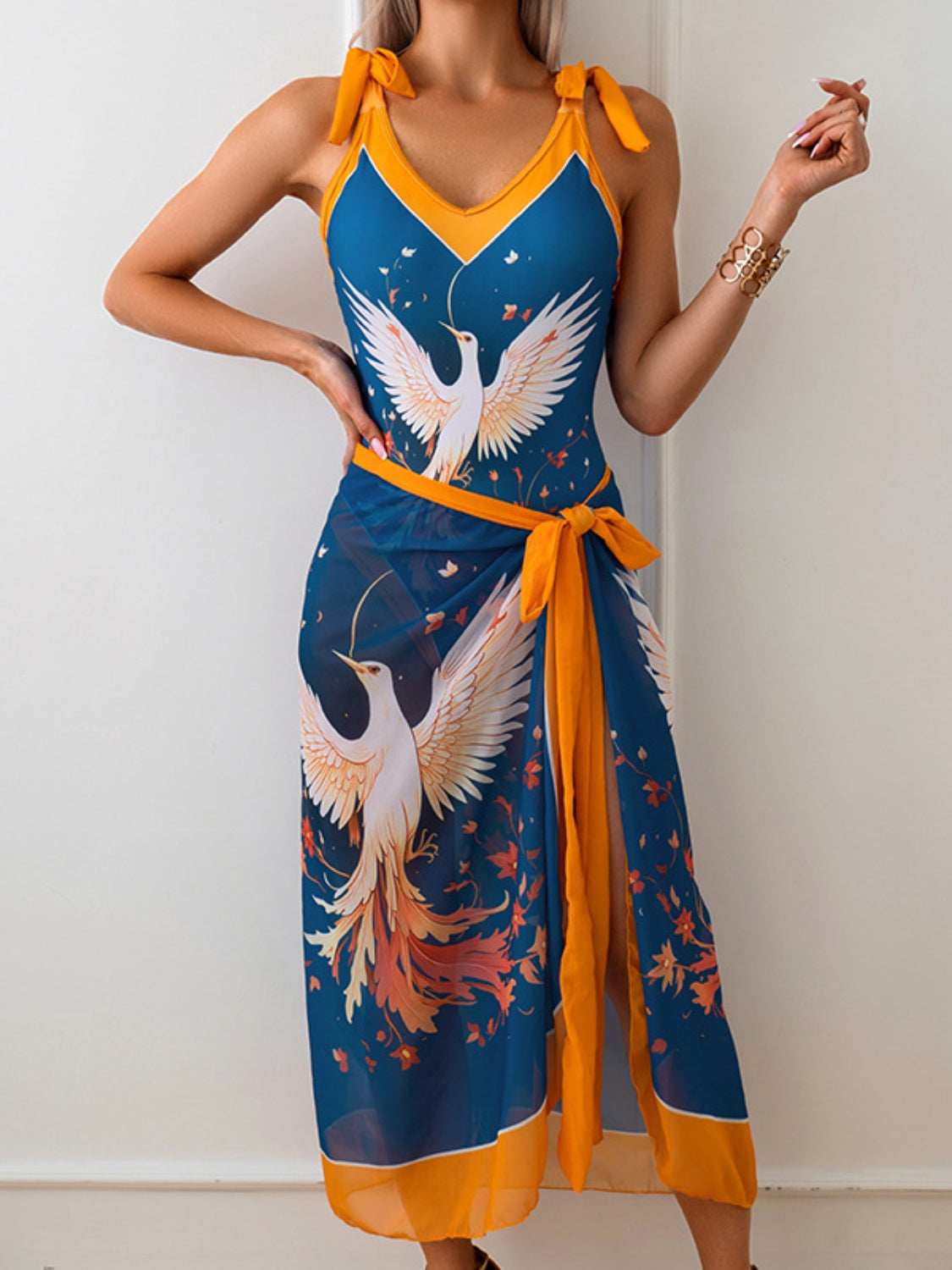 Printed V-Neck Tie Shoulder Swimwear and Skirt Set - AllIn Computer