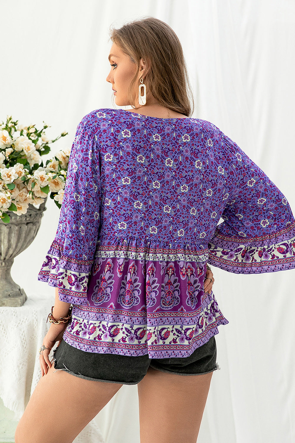 Plus Size Floral Tassel Tie Blouse - AllIn Computer