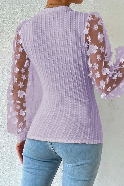 Double Take Textured Applique Long Sleeve Blouse - AllIn Computer