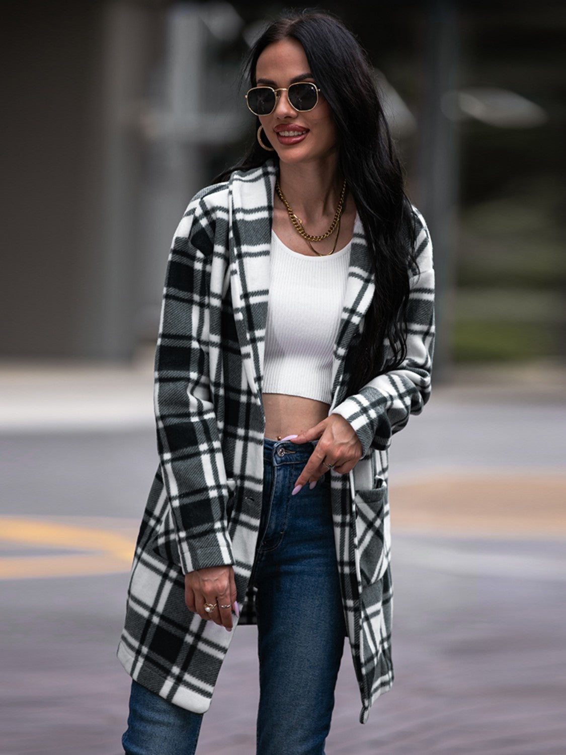 Plaid Shawl Collar Coat with Pockets - AllIn Computer