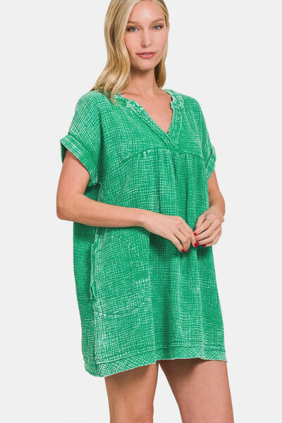 Zenana Washed Notched Short Sleeve Mini Dress - AllIn Computer