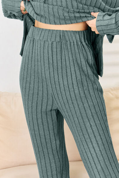 Basic Bae Full Size Ribbed Drawstring Hood Top and Straight Pants Set - AllIn Computer
