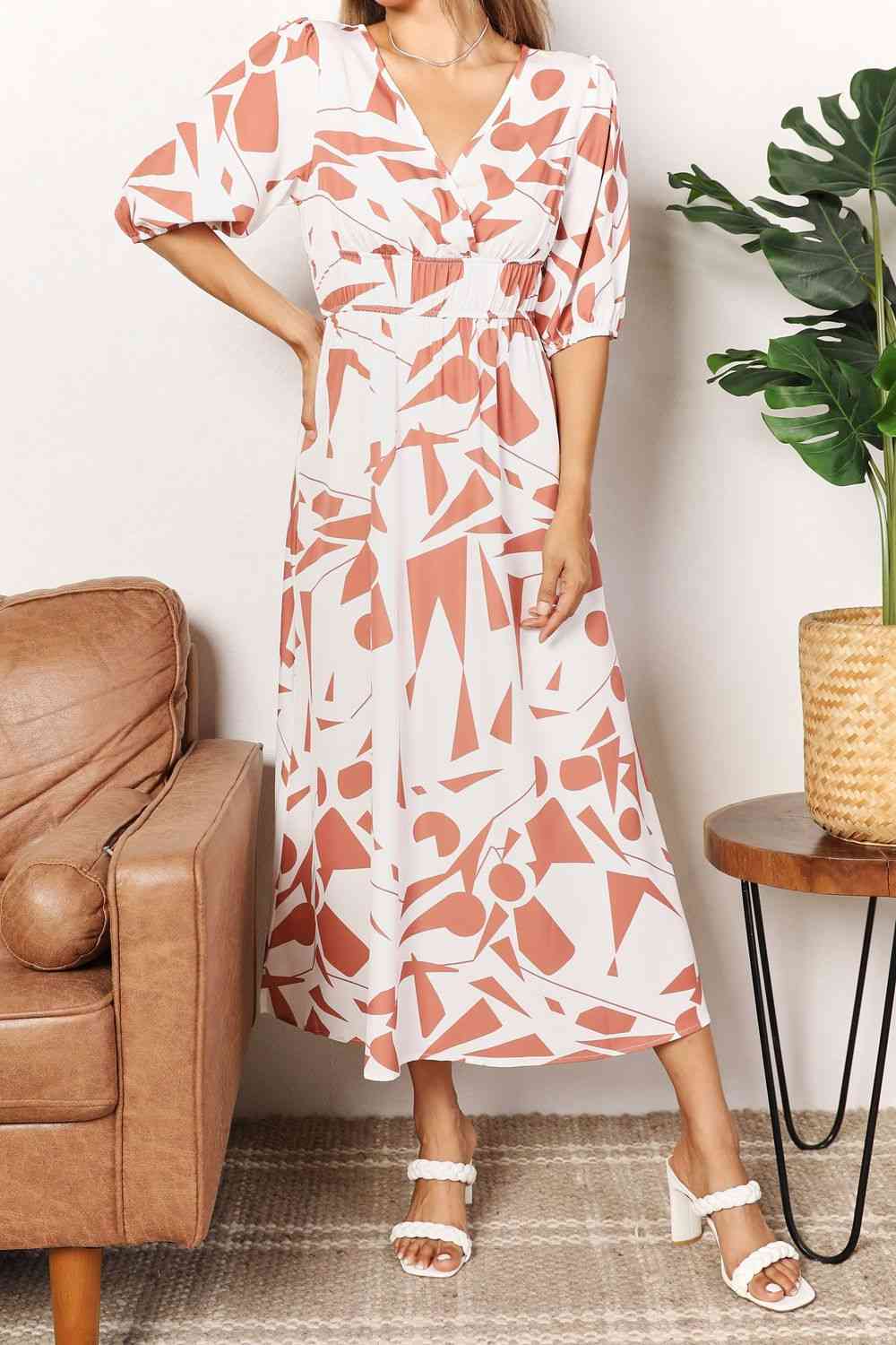 Double Take Printed Surplice Balloon Sleeve Dress - AllIn Computer