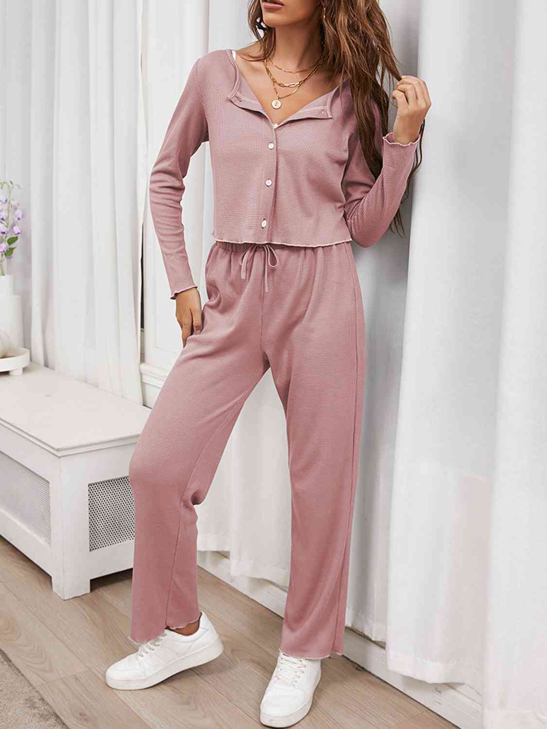 Button Front Long Sleeve Top and Pants Lounge Set - AllIn Computer