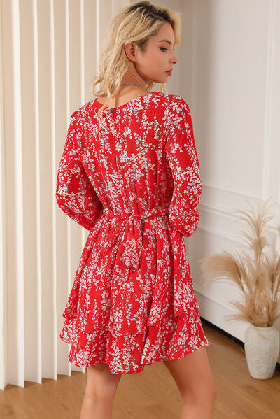 Printed Surplice Balloon Sleeve Layered Dress - AllIn Computer