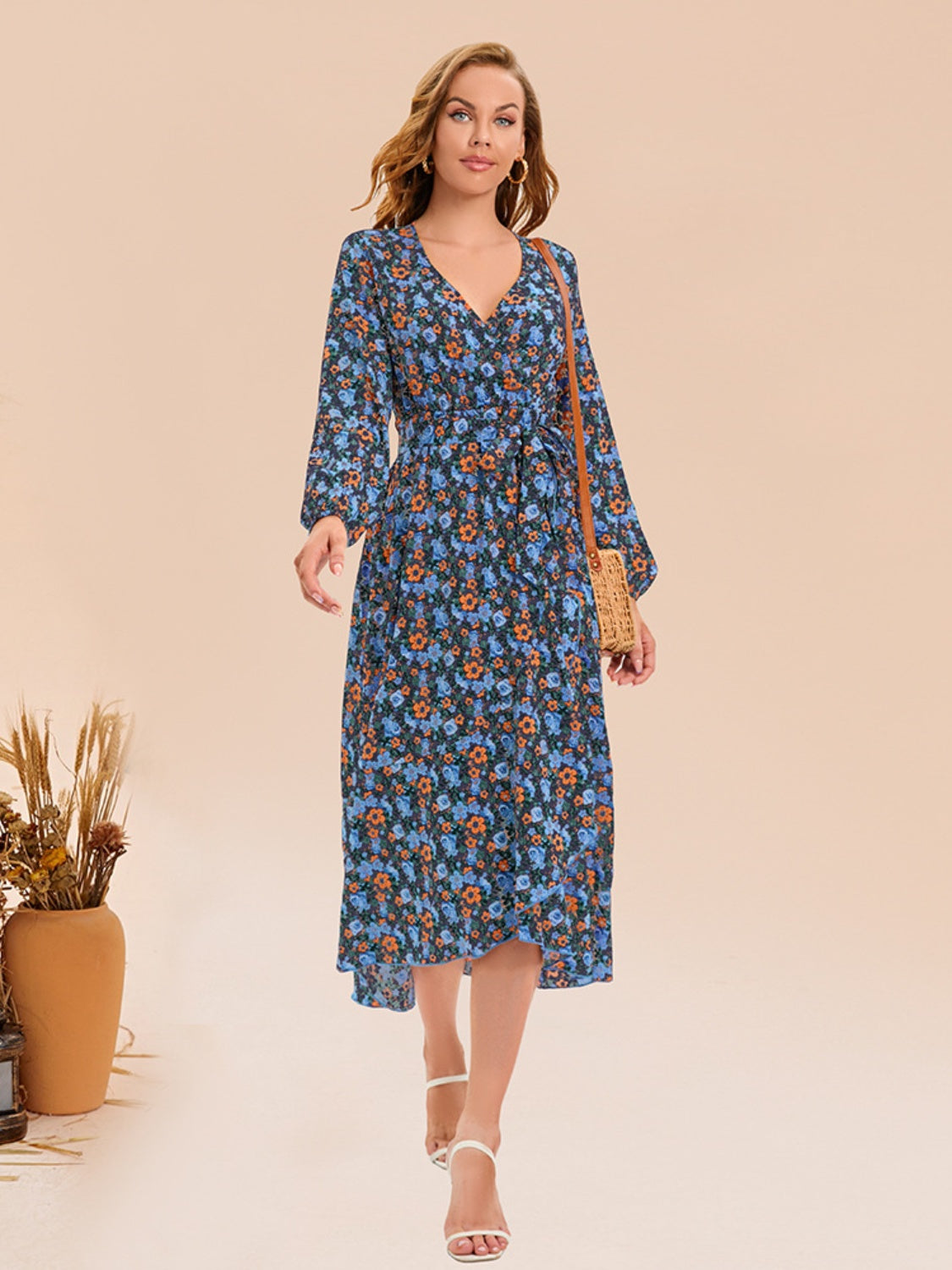 Full Size Printed Surplice Long Sleeve Dress - AllIn Computer