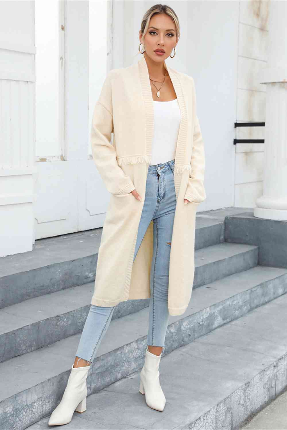 Open Front Pocketed Cardigan - AllIn Computer