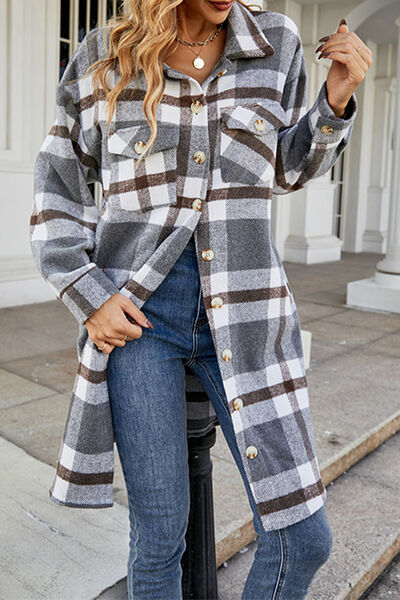 Plaid Button Up Collared Neck Coat with Pockets - AllIn Computer