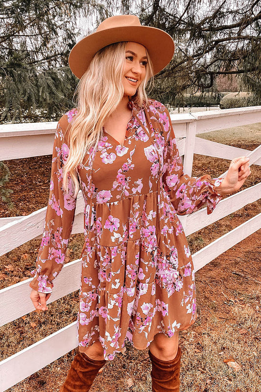 Floral Flounce Sleeve Tiered Dress - AllIn Computer