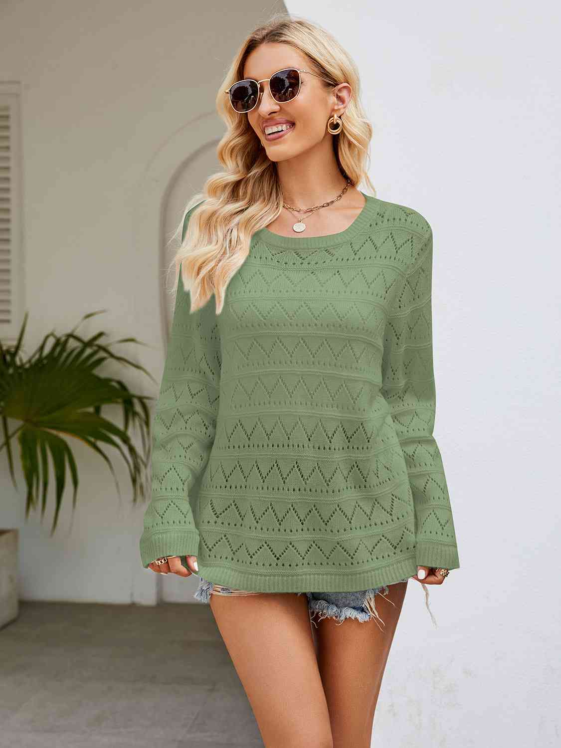 Round Neck Openwork Long Sleeve Knit Top - AllIn Computer