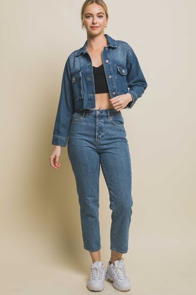 LOVE TREE Raw Hem Button Up Cropped Denim Jacket - AllIn Computer