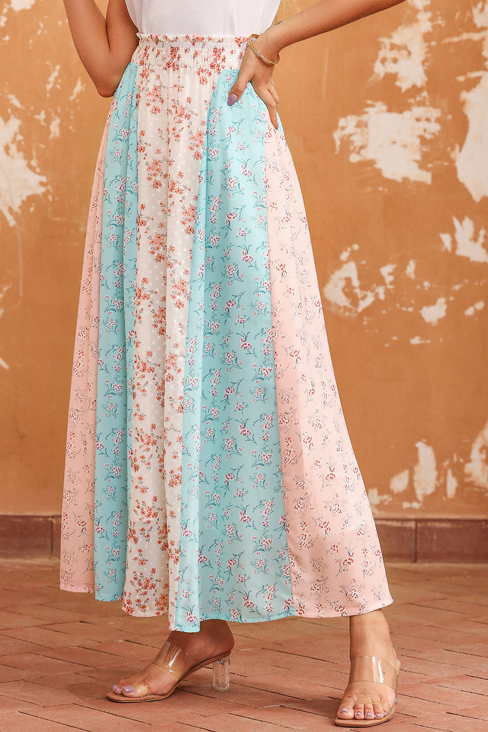 Floral Color Block Smocked Waist Maxi Skirt - AllIn Computer