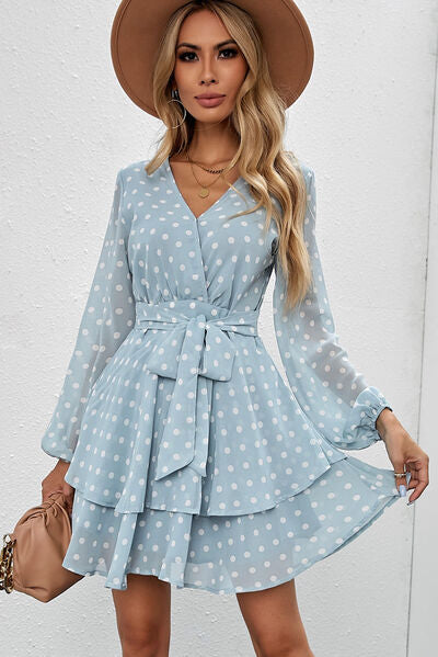 Tied Layered Polka Dot Balloon Sleeve Dress - AllIn Computer
