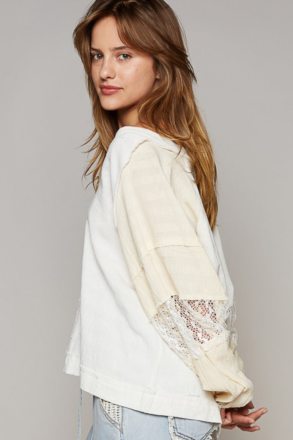 POL Balloon Sleeve Crochet Patch Top - AllIn Computer