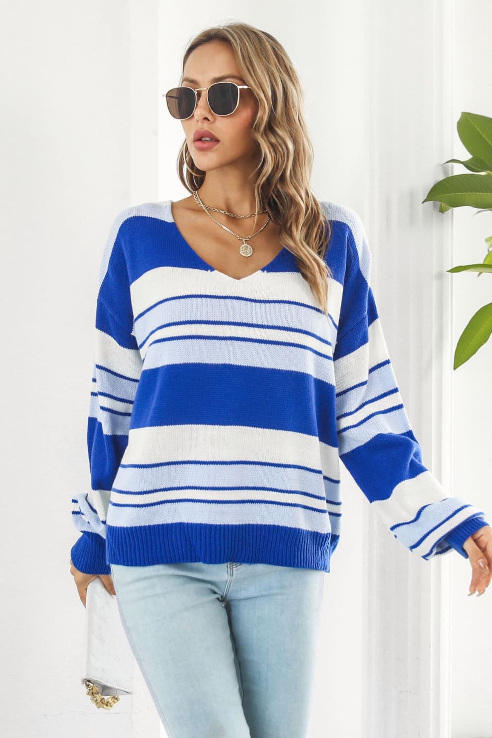 Striped V-Neck Dropped Shoulder Sweater - AllIn Computer