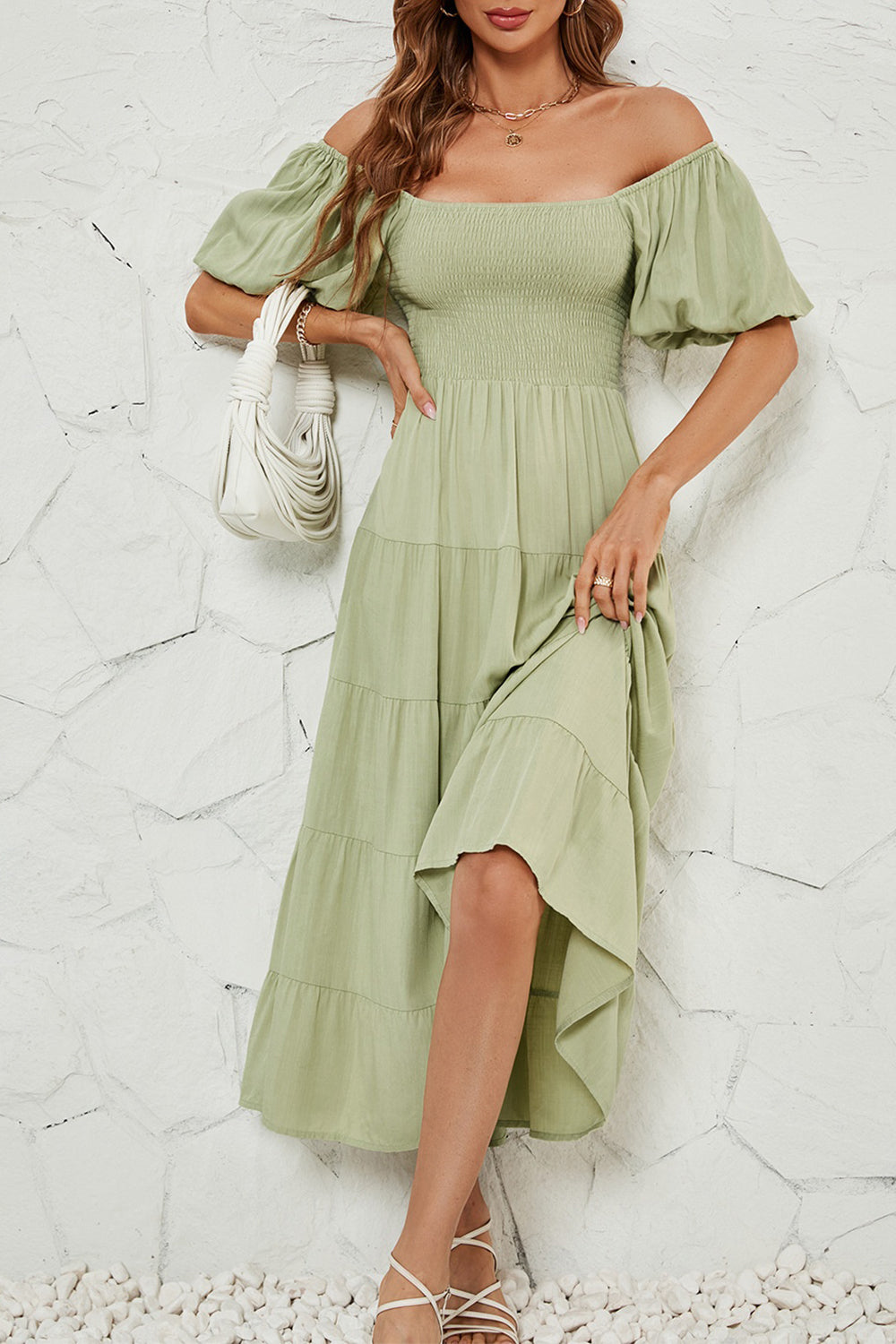 Smocked Square Neck Puff Sleeve Dress - AllIn Computer