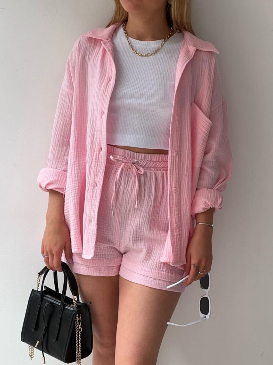 Texture Button Up Shirt and Drawstring Shorts Set - AllIn Computer
