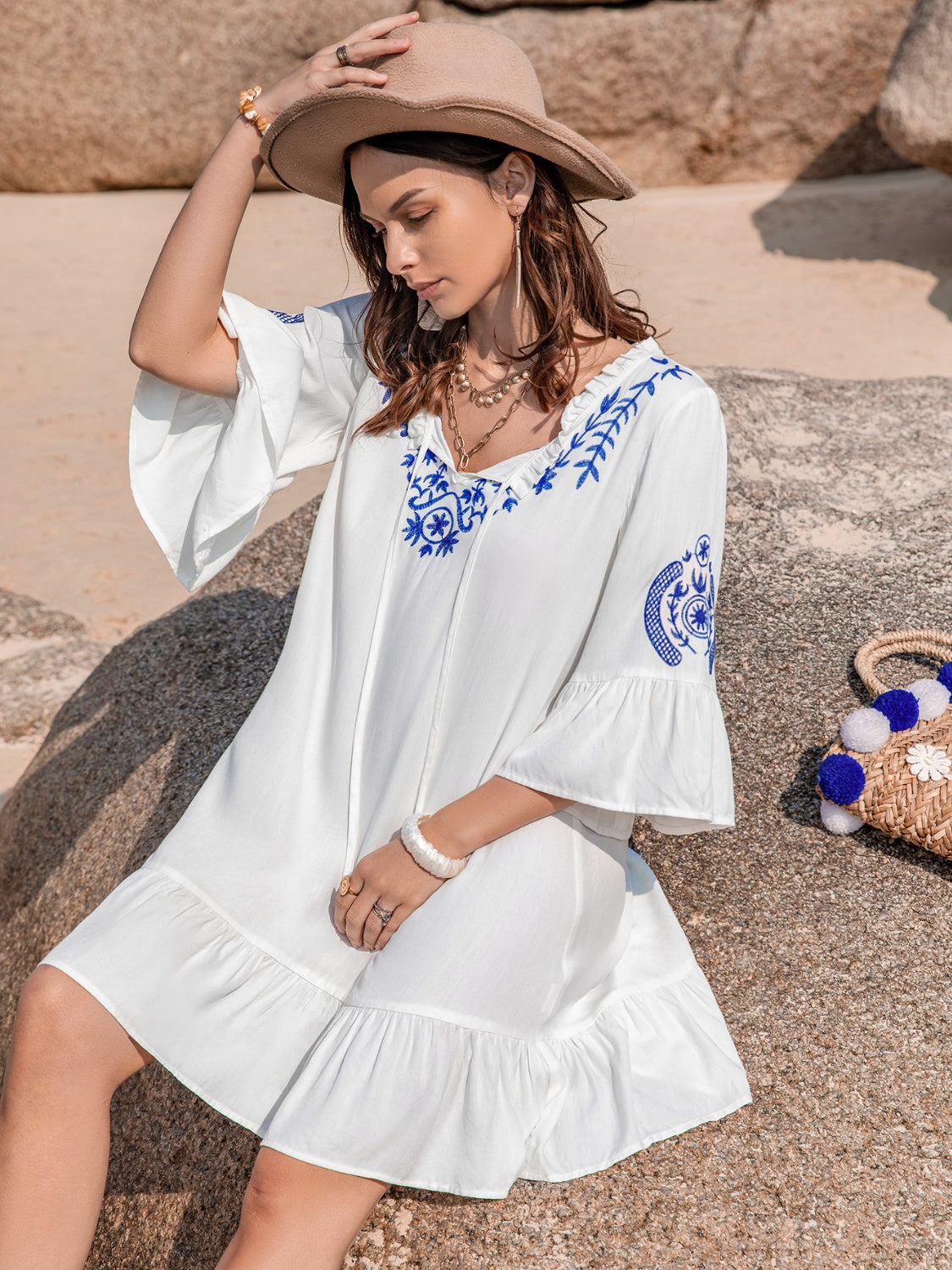 Printed Tie Neck Flounce Sleeve Mini Dress - AllIn Computer