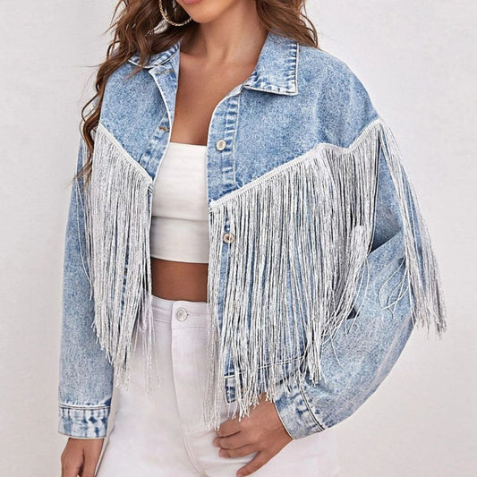 Fringe Detail Collared Neck Long Sleeve Denim Jacket - AllIn Computer