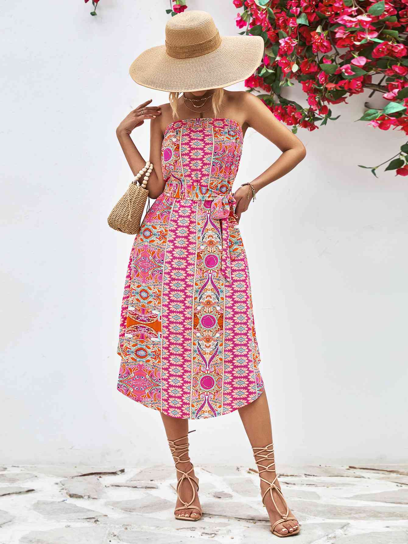 Printed Strapless Tie Belt Dress - AllIn Computer