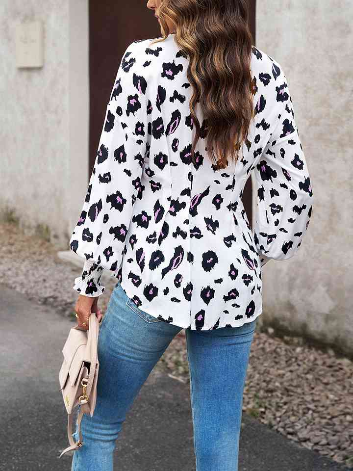 Printed Button-Up Lantern Sleeve Shirt - AllIn Computer