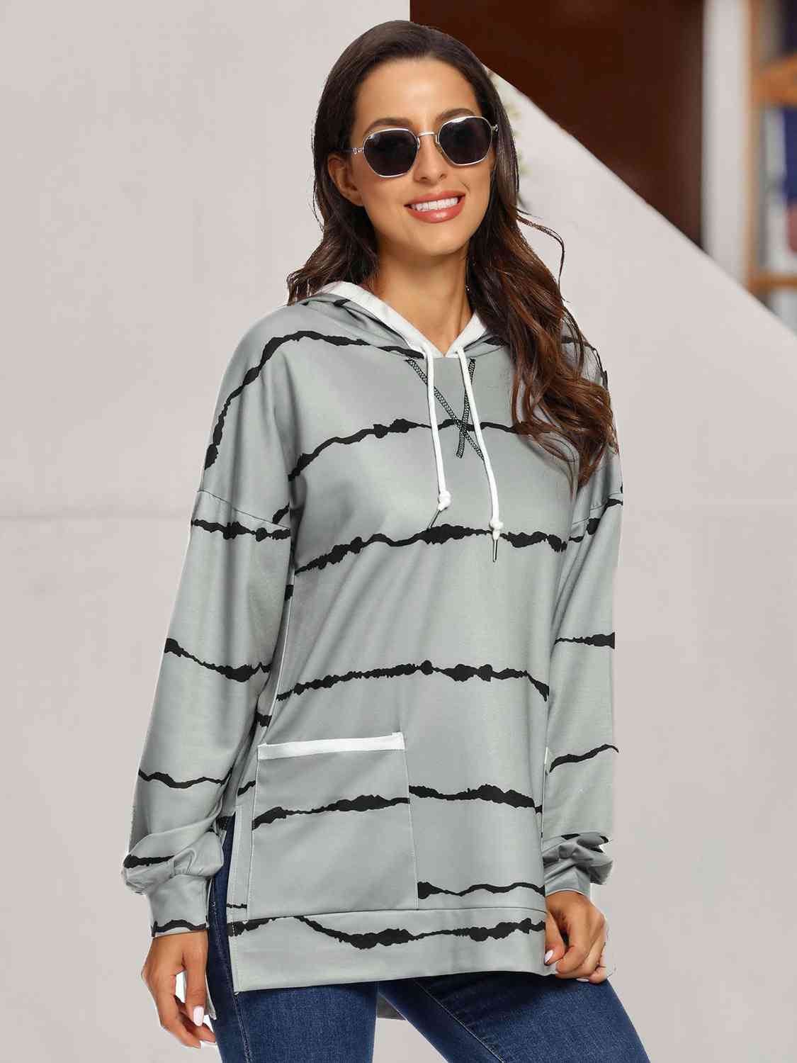 Striped Drawstring Hoodie with Pockets - AllIn Computer