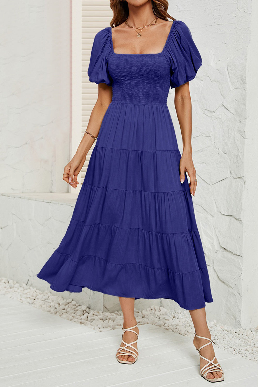 Smocked Square Neck Puff Sleeve Dress - AllIn Computer