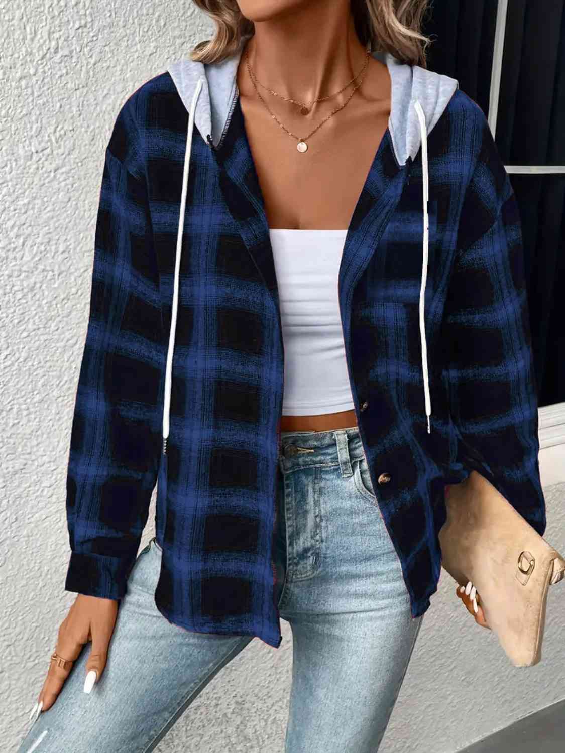 Plaid Drawstring Button Up Hooded Jacket - AllIn Computer