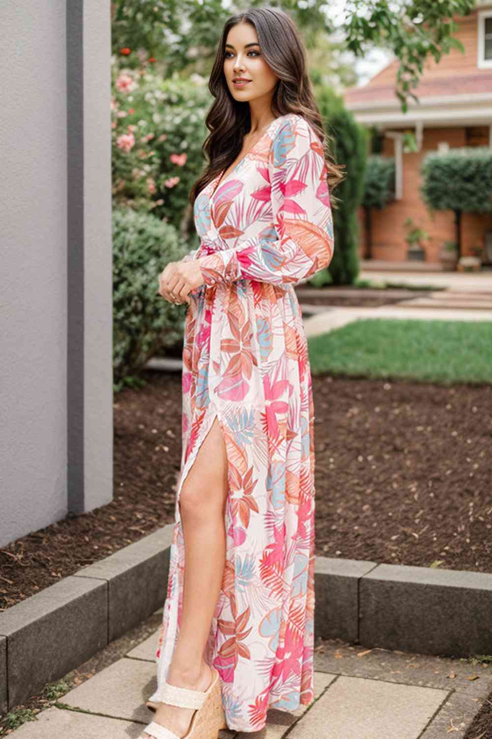Plus Size V-Neck Printed Slit Dress - AllIn Computer