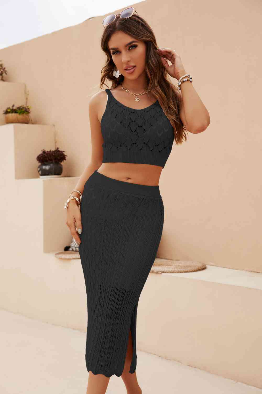 Openwork Cropped Tank and Split Skirt Set - AllIn Computer