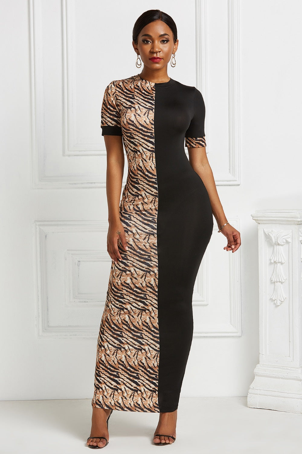 Two-Tone Round Neck Short Sleeve Maxi Dress - AllIn Computer