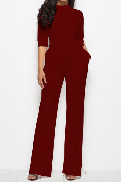 Mock Neck Tie-Waist Half Sleeve Jumpsuit - AllIn Computer