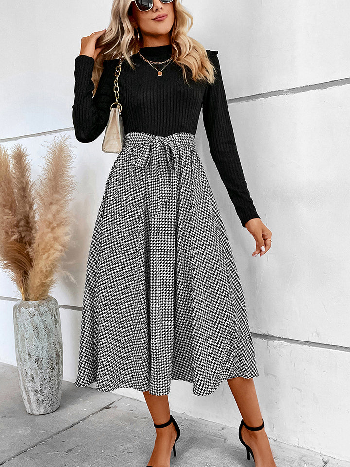 Ribbed Round Neck Long Sleeve Tie Waist Midi Dress - AllIn Computer