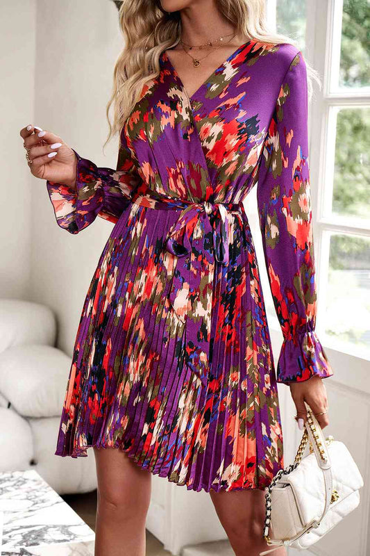 Surplice Neck Tie Waist Pleated Dress - AllIn Computer