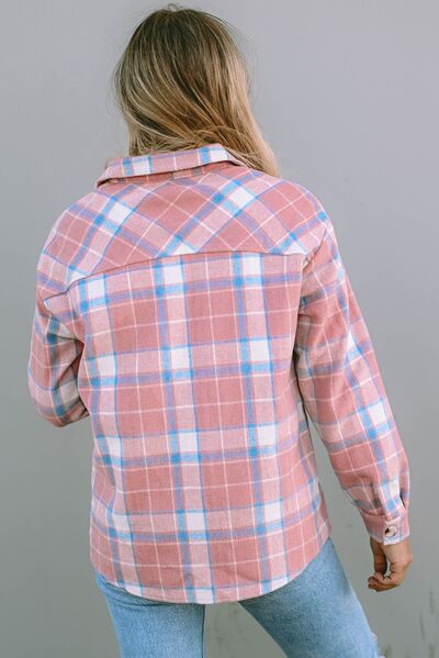 Plaid Pocketed Collared Neck Button Up Jacket - AllIn Computer