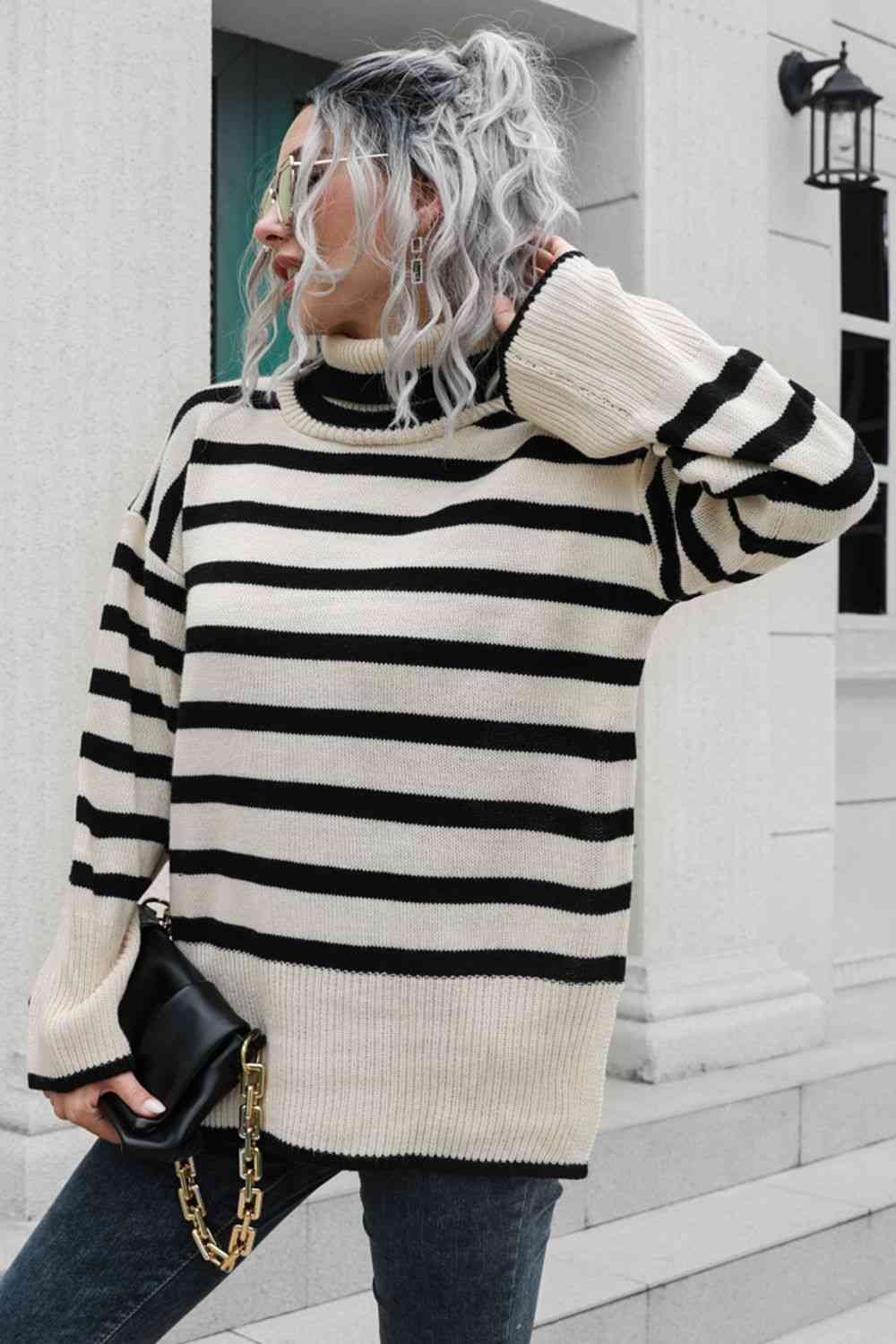 Striped Turtleneck Drop Shoulder Sweater - AllIn Computer