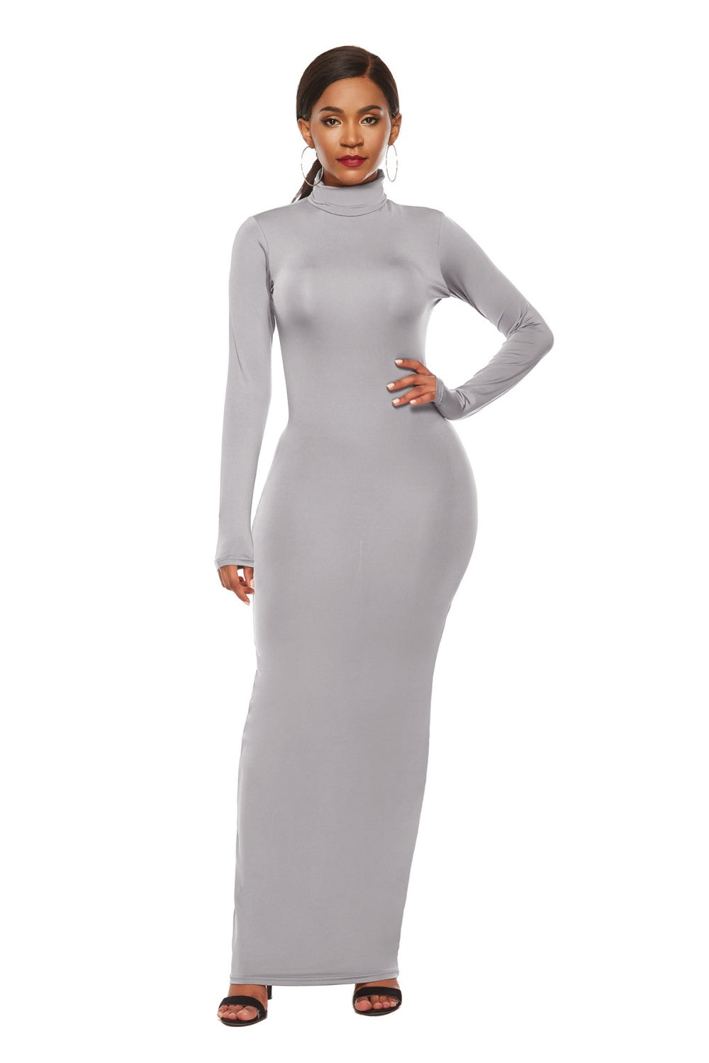 Mock Neck Long Sleeve Maxi Slim Dress - AllIn Computer