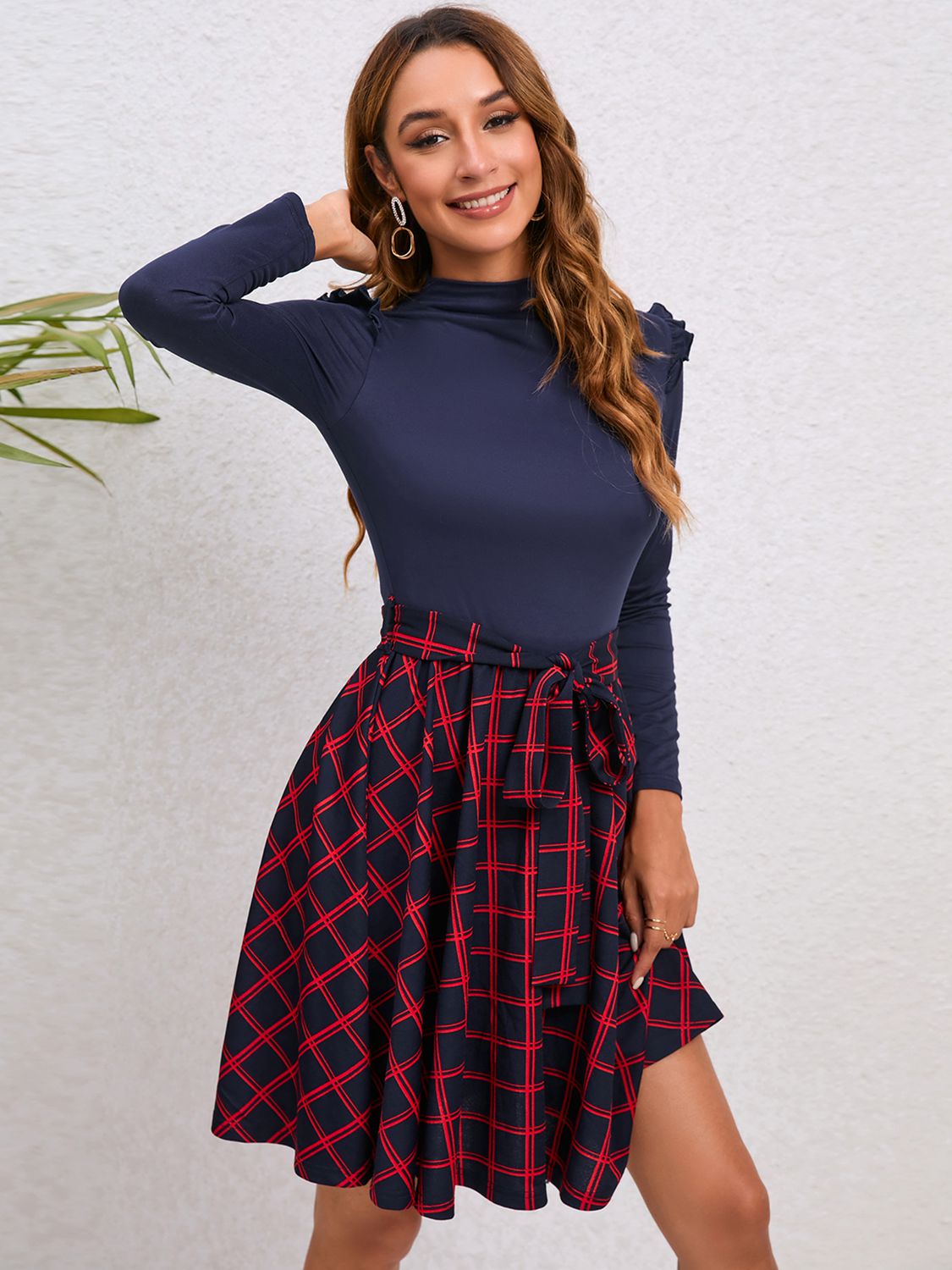 Plaid Tie Waist Ruffle Shoulder Dress - AllIn Computer