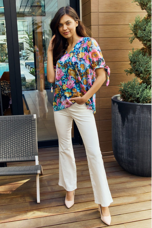 Petal Dew Full Size Floral V-Neck Tie Detail Blouse - AllIn Computer