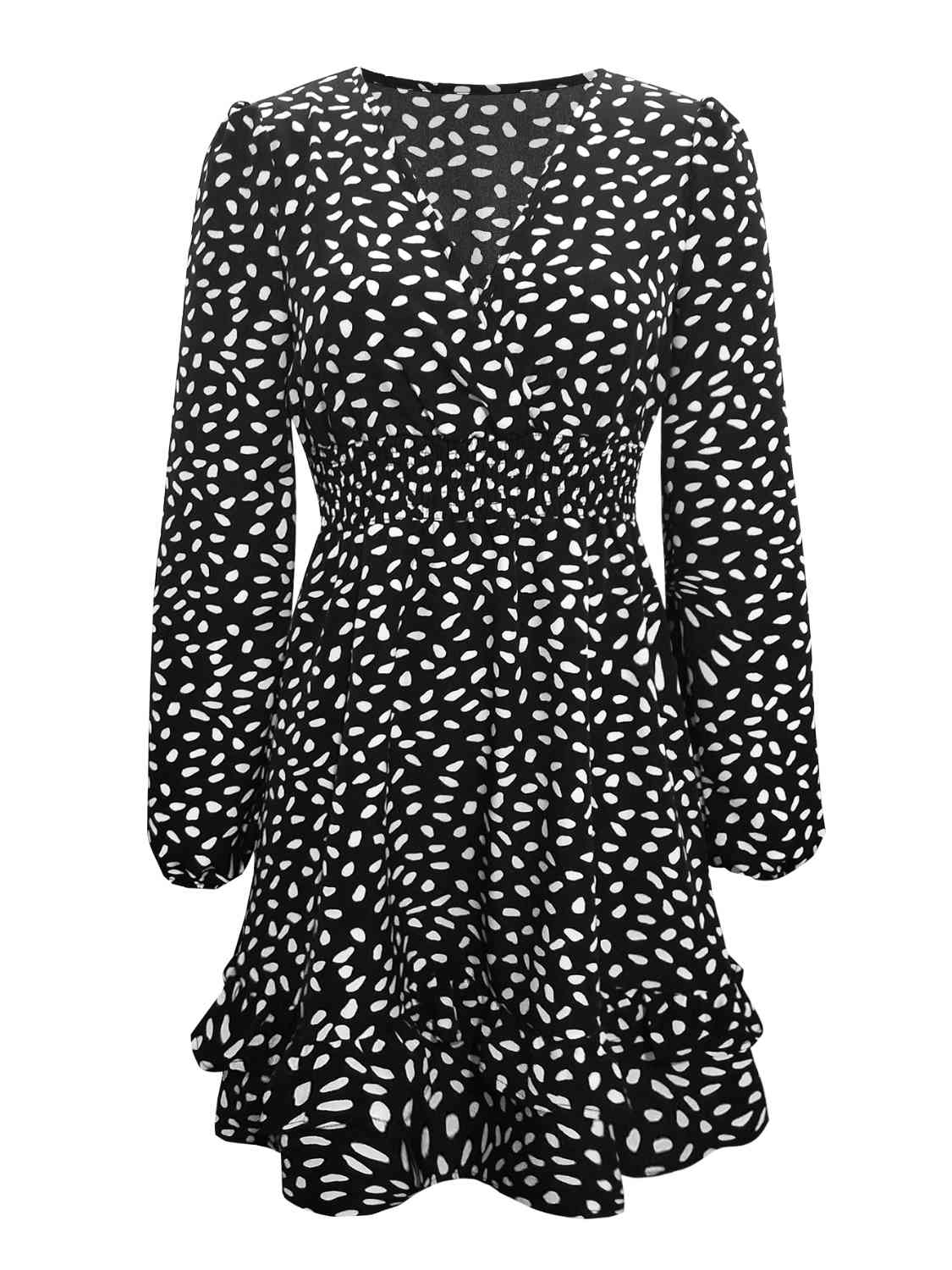 Printed Ruffle Trim Smocked Mini Dress - AllIn Computer