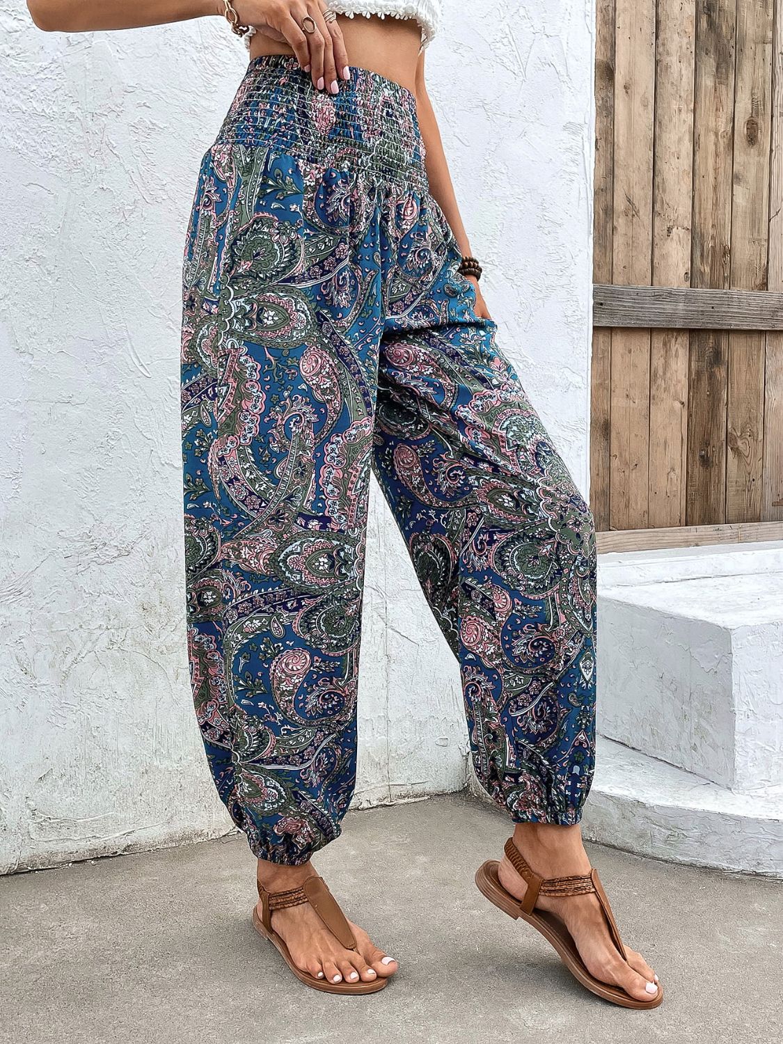 Printed Smocked Waist Pants - AllIn Computer