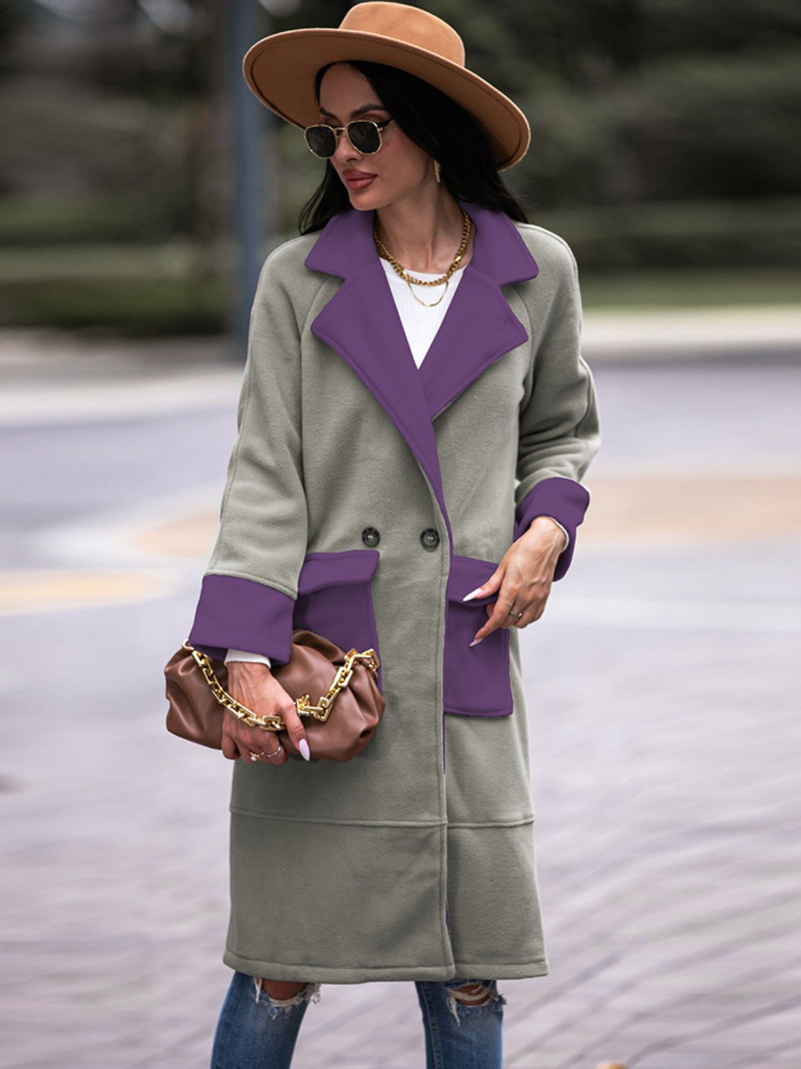 Contrast Lapel Collar Coat with Pockets - AllIn Computer