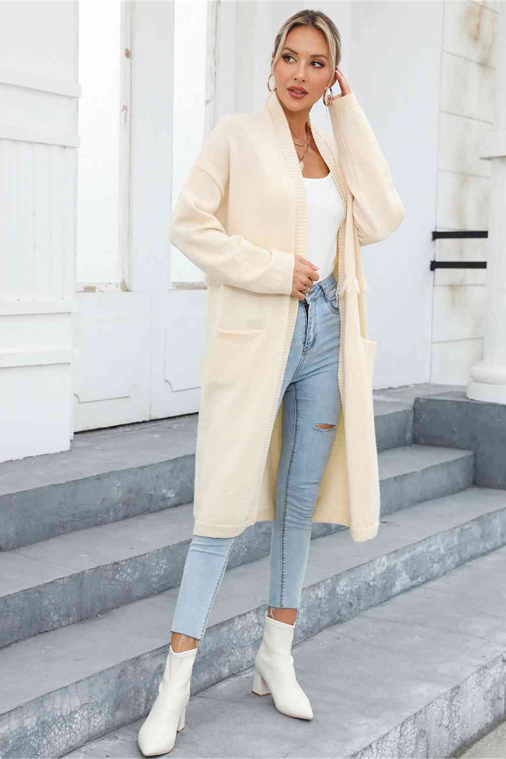 Open Front Pocketed Cardigan - AllIn Computer