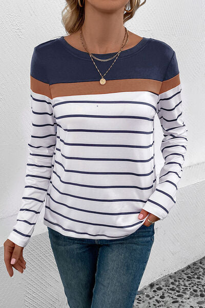 Striped Round Neck Long Sleeve T-Shirt - AllIn Computer