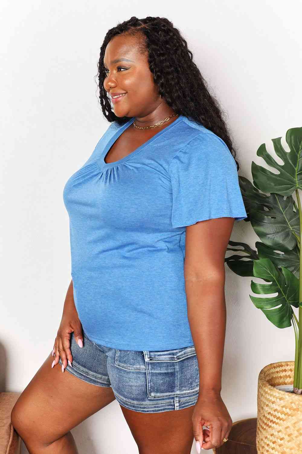 Double Take Ruched V-Neck Short Sleeve T-Shirt - AllIn Computer