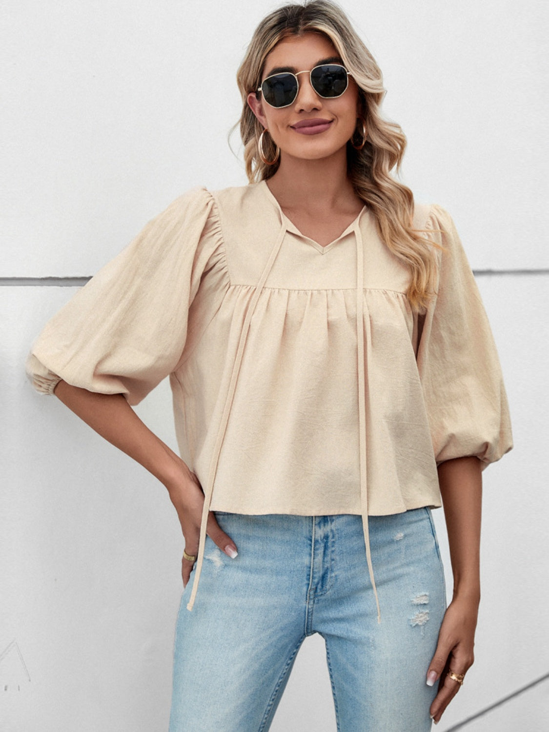 Tie Neck Balloon Sleeve Blouse - AllIn Computer