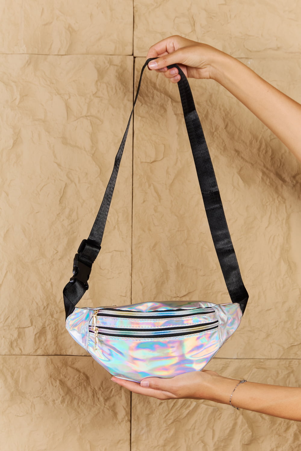 Fame Good Vibrations Holographic Double Zipper Fanny Pack in Silver - AllIn Computer